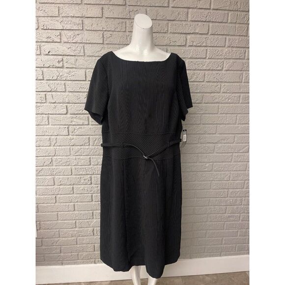 NWT Tahari Women ASL Black Pinstriped Square Neckline Short Sleeve Self-Belted M - Picture 1 of 8